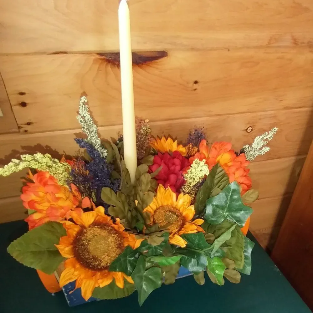 Hand Crafted Floral Table Centerpiece Pumpkin Fall Artificial Flower Arrangement